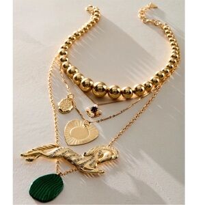 Free People Serefina Horse Layer Necklace Thea Extreme Layer Necklace Green/gold